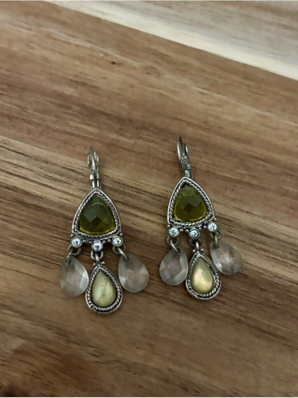 Vintage Boho Leverback Dangle Earrings | Green Stone + Beaded Drop Artisan Style
